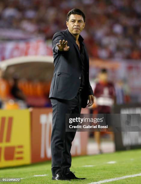 Marcelo Gallardo coach of River Plate gives instructions to his players during a match between River Plate and Emelec as part of Copa CONMEBOL...