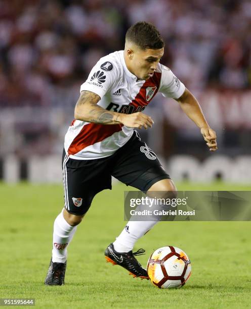 Juan Fernando Quintero of River Plate drives the ball during a match between River Plate and Emelec as part of Copa CONMEBOL Libertadores 2018 at...