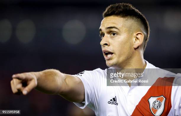 Rafael Borre of River Plate reacts during a match between River Plate and Emelec as part of Copa CONMEBOL Libertadores 2018 at Estadio Monumental...