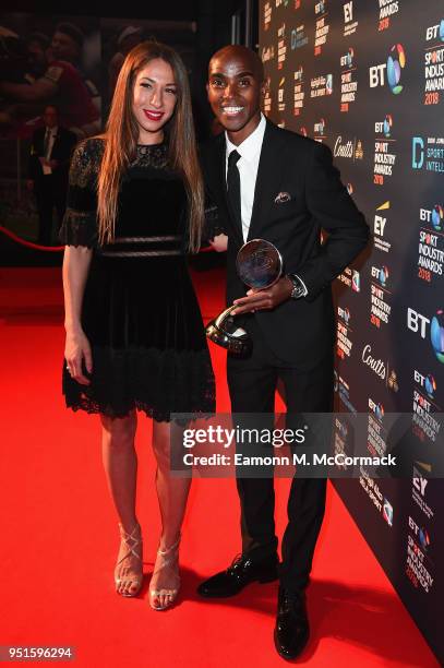 Sir Mo Farah and his wife Tania Nell arrives at the red carpet during the BT Sport Industry Awards 2018 at Battersea Evolution on April 26, 2018 in...