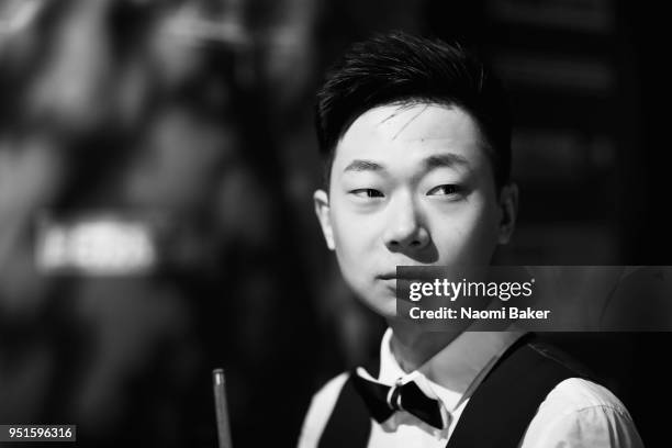 Lyu Haotian of China waits to go on stage prior to his second round match against Barry Hawkins of England during day six of the World Snooker...