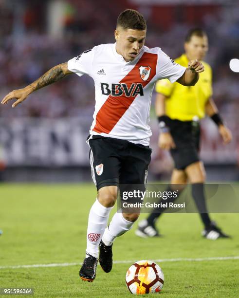 Juan Fernando Quintero of River Plate drives the ball during a match between River Plate and Emelec as part of Copa CONMEBOL Libertadores 2018 at...