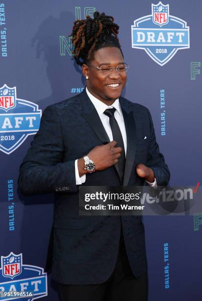 Shaquem Griffin of UCF poses on the red carpet prior to the start of the 2018 NFL Draft at AT&T Stadium on April 26, 2018 in Arlington, Texas.