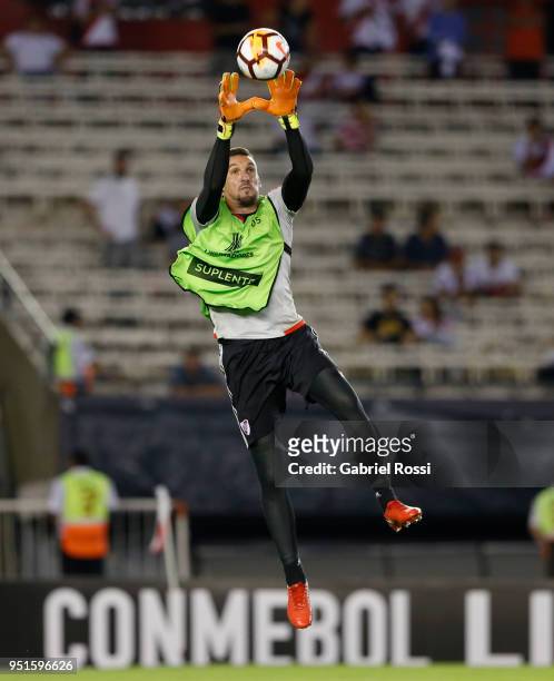 Franco Armani of River Plate warms up prior a match between River Plate and Emelec as part of Copa CONMEBOL Libertadores 2018 at Estadio Monumental...