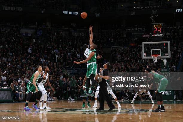 The Boston Celtics and the Milwaukee Bucks tip-off in Game Six of the Round One of the 2018 NBA Playoffs on April 26, 2018 at the BMO Harris Bradley...