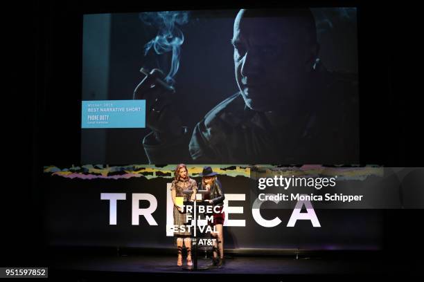 Alysia Reiner and Ondi Timoner speak onstage during the 2018 Tribeca Film Festival, presented by AT&T, Jury Awards hosted by Chloe Wine Collection at...