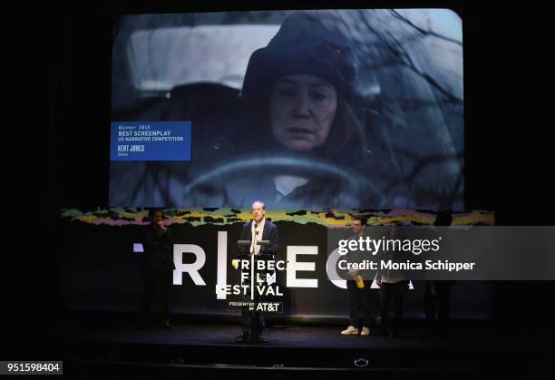 Kent Jones speaks onstage during the 2018 Tribeca Film Festival, presented by AT&T, Jury Awards hosted by Chloe Wine Collection at BMCC Tribeca PAC...