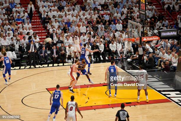 Justise Winslow of the Miami Heat shoots the ball against the Philadelphia 76ers in Game Three of Round One of the 2018 NBA Playoffs on April 19,...