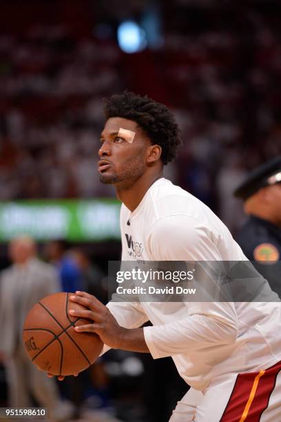 Justise Winslow of the Miami Heat shoots the ball during warm-up before the game against the Philadelphia 76ers in Game Three of Round One of the...