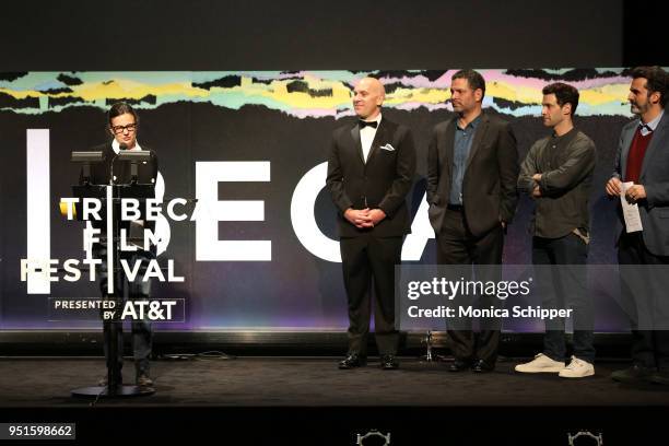 Amy Hobby, Eben Gillette, Alexander Dinelaris, Justin Bartha, and Bilge Ebiri appear onstage during the 2018 Tribeca Film Festival, presented by...