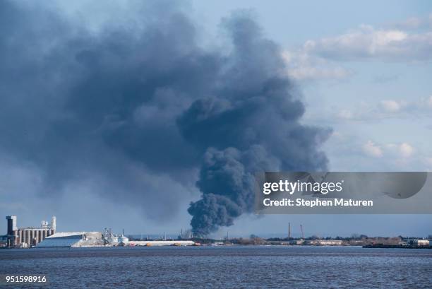 View of the fire at the Husky Oil Refinery on April 26, 2018 in Superior, Wisconsin. An explosion at the refinery caused injuries to several workers...