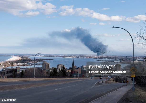 View of the fire at the Husky Oil Refinery on April 26, 2018 in Superior, Wisconsin. An explosion at the refinery caused injuries to several workers...
