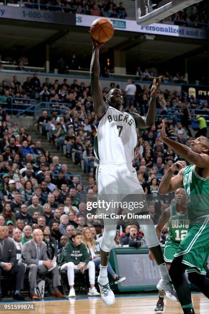 Thon Maker of the Milwaukee Bucks shoots the ball against the Boston Celtics in Game Six of the Round One of the 2018 NBA Playoffs on April 26, 2018...