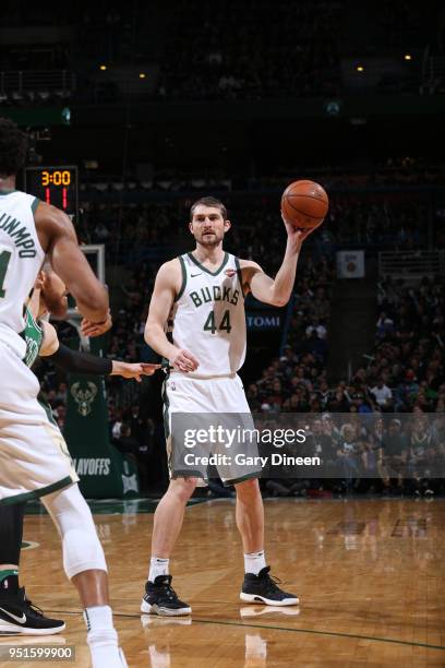 Tyler Zeller of the Milwaukee Bucks passes the ball against the Boston Celtics in Game Six of the Round One of the 2018 NBA Playoffs on April 26,...