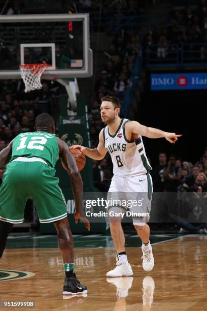 Matthew Dellavedova of the Milwaukee Bucks handles the ball against the Boston Celtics in Game Six of the Round One of the 2018 NBA Playoffs on April...