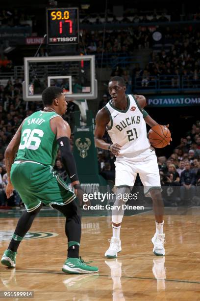 Tony Snell of the Milwaukee Bucks handles the ball against the Boston Celtics in Game Six of the Round One of the 2018 NBA Playoffs on April 26, 2018...