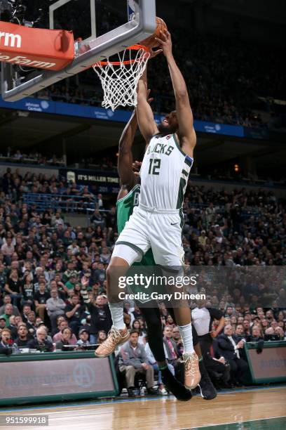 Jabari Parker of the Milwaukee Bucks goes to the basket against the Boston Celtics in Game Six of the Round One of the 2018 NBA Playoffs on April 26,...