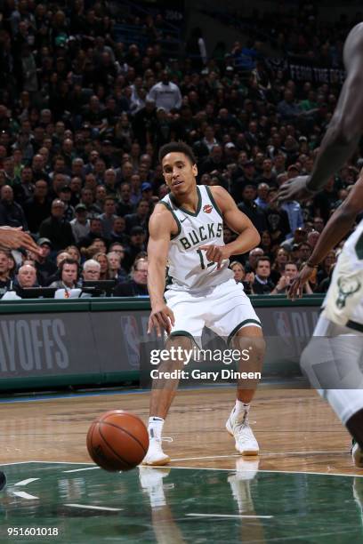 Malcolm Brogdon of the Milwaukee Bucks passes the ball against the Boston Celtics in Game Six of the Round One of the 2018 NBA Playoffs on April 26,...