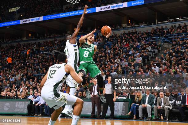 Shane Larkin of the Boston Celtics goes to the basket against the Milwaukee Bucks in Game Six of Round One of the 2018 NBA Playoffs on April 26, 2018...