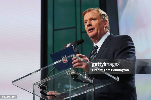 Commissioner Roger Goodell speaks during the first round of the 2018 NFL Draft at AT&T Stadium on April 26, 2018 in Arlington, Texas.