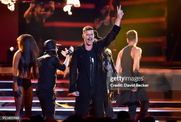 Ricky Martin and Wisin Y Yandel performs onstage at the 2018 Billboard Latin Music Awards at the Mandalay Bay Events Center on April 26, 2018 in Las...