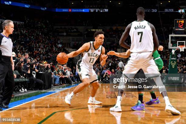 Malcolm Brogdon of the Milwaukee Bucks handles the ball against the Boston Celtics in Game Six of Round One of the 2018 NBA Playoffs on April 26,...