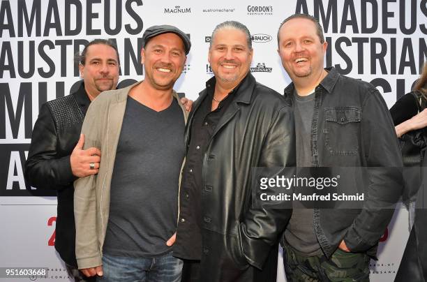 Soberl, Chris, Sheriff and Chrisu of Wiener Wahnsinn arrive at the red carpet during the Amadeus Award 2018 on April 26, 2018 in Vienna, Austria.