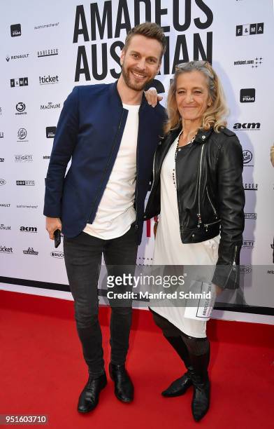 Christoph Feurstein and Kathrin Zechner pose at the red carpet during the Amadeus Award 2018 on April 26, 2018 in Vienna, Austria.
