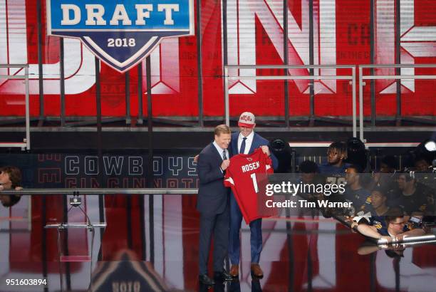 Josh Rosen of UCLA poses with NFL Commissioner Roger Goodell after being picked overall by the Arizona Cardinals during the first round of the 2018...