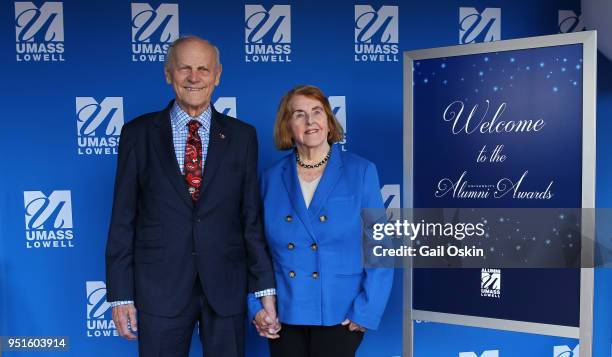 James F. Comley, and Virginia Comley attend the 2018 University Alumni Awards at UMass Lowell Inn & Conference Center on April 26, 2018 in Lowell,...