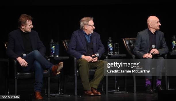 Liam Neeson, Steven Spielberg and Ben Kingsley speak onstage at the "Schindler's List" cast reunion during the 2018 Tribeca Film Festival at The...