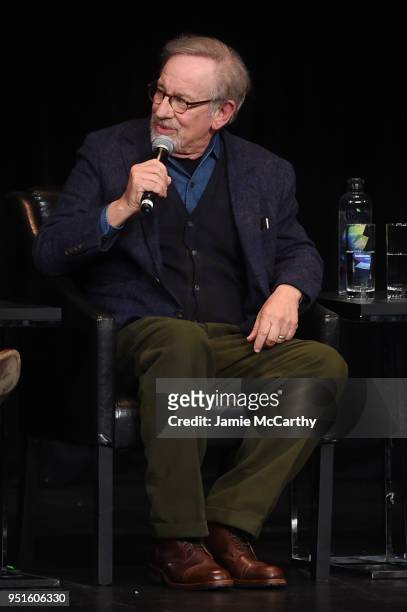 Steven Spielberg speaks onstage at the "Schindler's List" cast reunion during the 2018 Tribeca Film Festival at The Beacon Theatre on April 26, 2018...