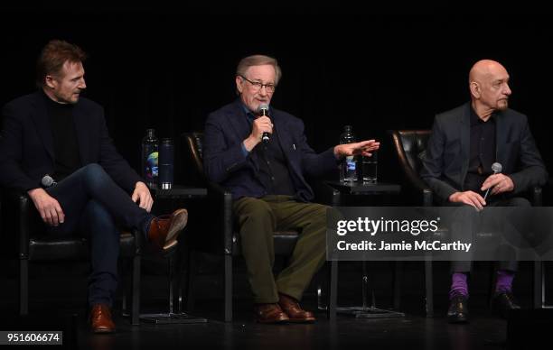 Liam Neeson, Steven Spielberg and Ben Kingsley speak onstage at the "Schindler's List" cast reunion during the 2018 Tribeca Film Festival at The...