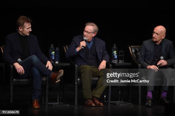 Liam Neeson, Steven Spielberg and Ben Kingsley speak onstage at the "Schindler's List" cast reunion during the 2018 Tribeca Film Festival at The...