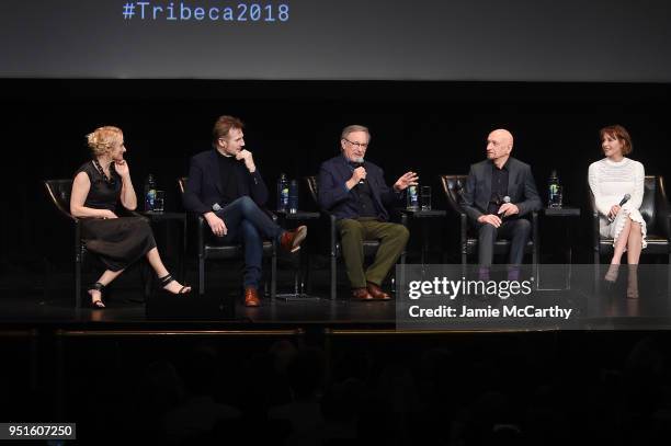 Caroline Goodall, Liam Neeson, Steven Spielberg, Ben Kingsley and Embeth Davidtz speak onstage at the "Schindler's List" cast reunion during the 2018...