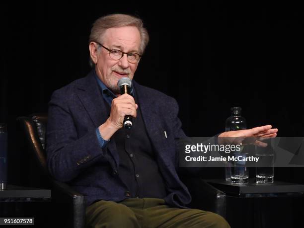 Steven Spielberg speaks onstage at the "Schindler's List" cast reunion during the 2018 Tribeca Film Festival at The Beacon Theatre on April 26, 2018...