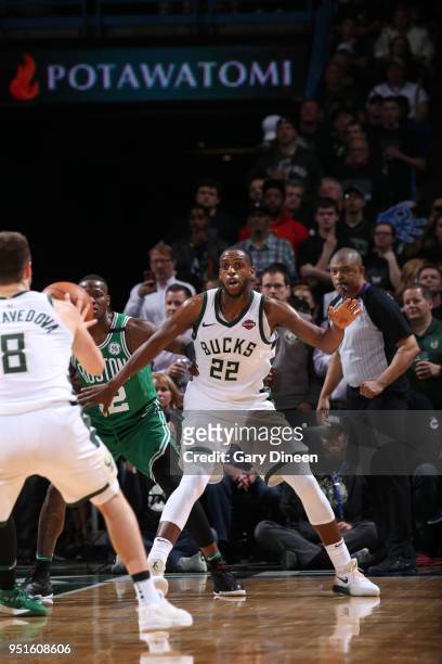 Khris Middleton of the Milwaukee Bucks calls for the ball against the Boston Celtics in Game Six of the Round One of the 2018 NBA Playoffs on April...
