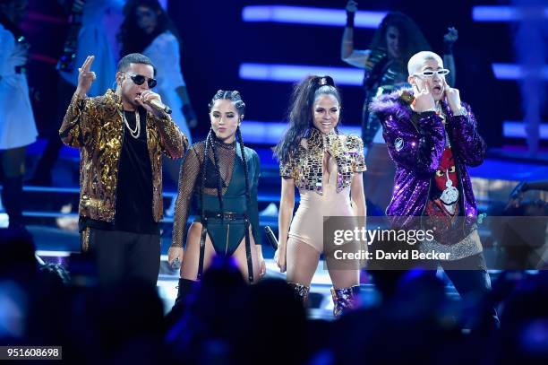 Daddy Yankee, Becky G, Natti Natasha, and Bad Bunny perform onstage at the 2018 Billboard Latin Music Awards at the Mandalay Bay Events Center on...