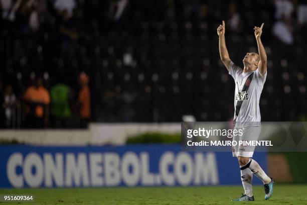 Brazil's Vasco da Gama player Wagner celebrates with his teammates after scoring a goal during the Copa Libertadores 2018 football match between...
