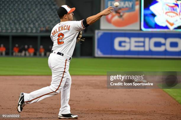 Baltimore Orioles third baseman Danny Valencia throws to first base during the game between the Tampa Bay Rays and the Baltimore Orioles on April 25...