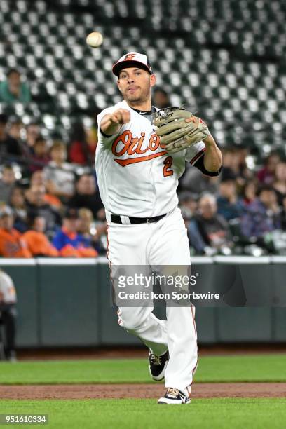 Baltimore Orioles third baseman Danny Valencia throws to first base during the game between the Tampa Bay Rays and the Baltimore Orioles on April 25...