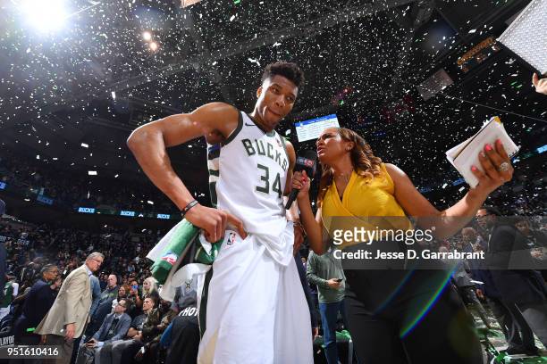 Giannis Antetokounmpo of the Milwaukee Bucks talks with media after the game against the Boston Celtics in Game Six of Round One of the 2018 NBA...