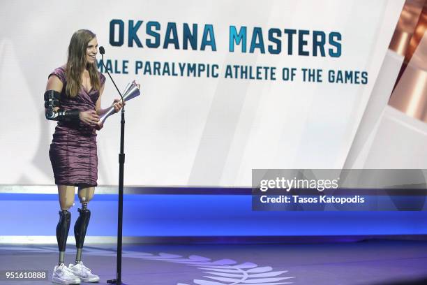 Oksana Masters accepts the Female Paralympic Athlete of the Games award during the Team USA Awards at the Duke Ellington School of the Arts on April...