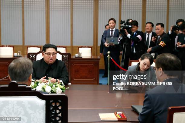 South Korea's President Moon Jae-in attends the Inter-Korean summit with North Korea's leader Kim Jong Un and his sister Kim Yo Jong in the Peace...