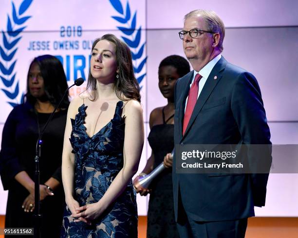 Sarah Hughes and Larry Probst speak at the Team USA Awards at the Duke Ellington School of the Arts on April 26, 2018 in Washington, DC.