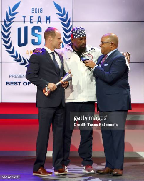 Dan Cnossen, Mr. T and Mike Tirico attends the Team USA Awards at the Duke Ellington School of the Arts on April 26, 2018 in Washington, DC.