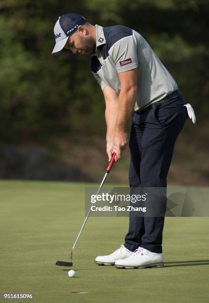 Daniel Nisbet of Australia plays a shot during the second round of the 2018 Volvo China open at Beijing Huairou Topwin Golf and Country Club on April...