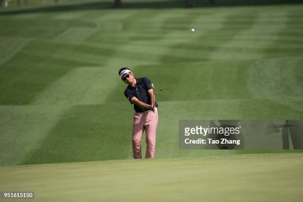 Yuta Ikeda of Japan plyas a shot on during the second round of the 2018 Volvo China open at Beijing Huairou Topwin Golf and Country Club on April 27,...