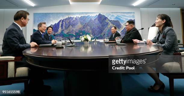 South Korea delegation including President Moon Jae-in and North Koraen delegation including Leader Kim Jong Un sit down for the Inter-Korean Summit...