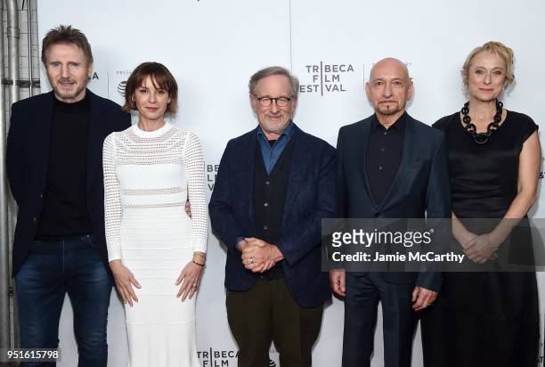 Liam Neeson, Embeth Davidtz, Steven Spielberg, Ben Kingsley and Caroline Goodall attend the "Schindler's List" cast reunion during the 2018 Tribeca...